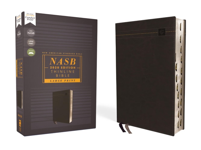 NASB, Thinline Bible, Large Print, Leathersoft, Red Letter, 2020 Text, Thumb Indexed, Comfort Print [Black] — Zondervan