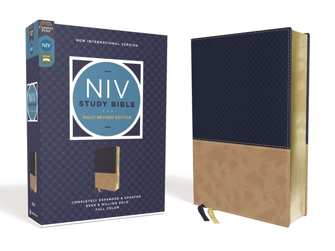 NIV Study Bible, Fully Revised Edition, Leathersoft, Navy-Tan, Red Letter, Comfort Print — Zondervan