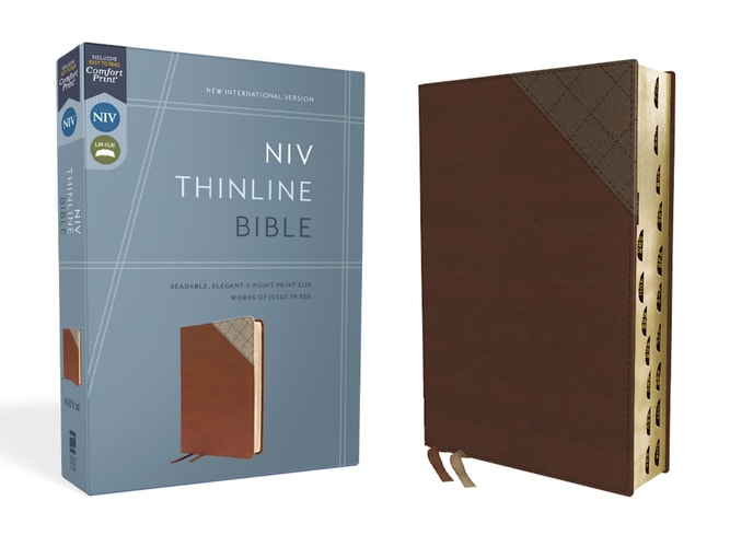 NIV Thinline Bible, Red Letter, Thumb Indexed, Comfort Print [Brown] — Zondervan