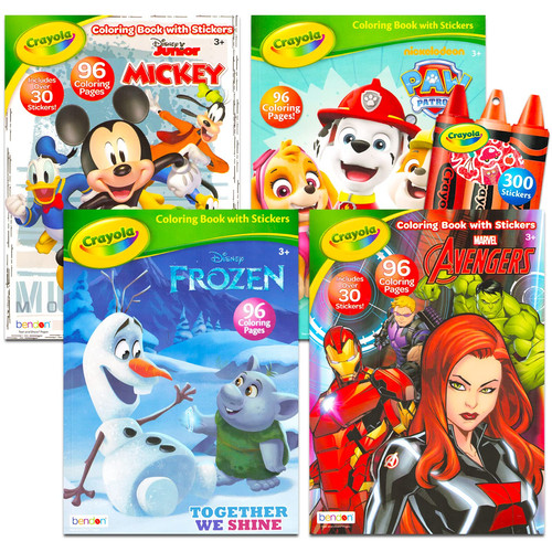Crayola Coloring Book Super Set for Kids – Bundle with 4 Jumbo Boys and Girls Activity Books with Stickers, Games, Puzzles, and More Featuring Mickey Mouse, Frozen, Paw Patrol, and Avengers — Disney Coloring Books