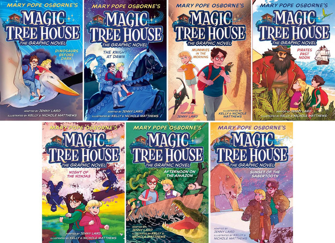 Magic Tree House Graphic Novels Series, 7 Books Collection Set, Dinosaurs Before Dark, The Knight at Dawn, Mummies in the Morning, Pirates Past Noon, Night of the Ninjas, Afternoon on the Amazon, and Sunset of the Sabertooth — Mary Pope Osborne