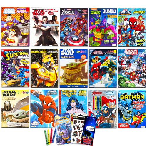 Superhero Ultimate Coloring Book Assortment – 15 Books Featuring Avengers, Spiderman, Justice League, Superman, Star Wars Mandalorian, More (Bundle Includes Stickers) — Bendon Publication